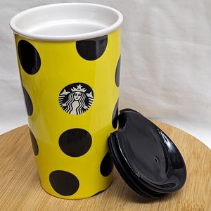 Starbucks 2015 Citron Yellow Polka Dot Ceramic Tumbler Travel Coffee Mug 12oz